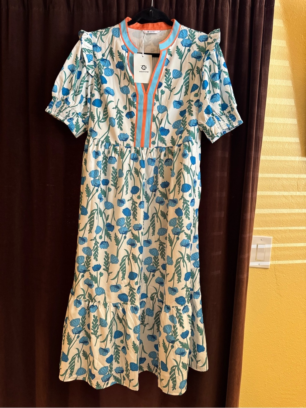 NWT Blue Floral Cotton Midi Dress with Contrast Trim